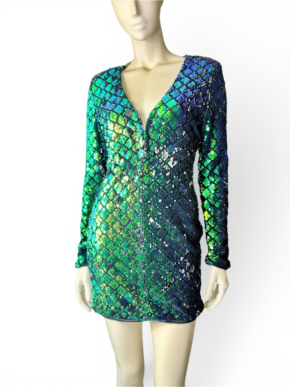 Sequin Mermaid Green-Blue V-Neck‎ Mini Dress